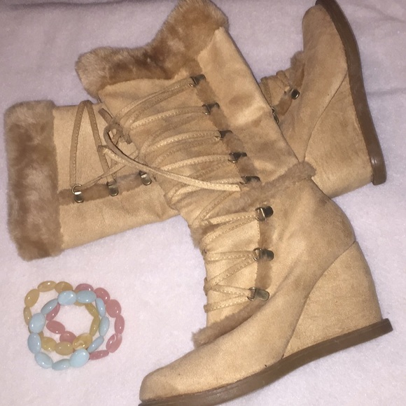 Shoes - Tan suede wedge boots size 7.5
